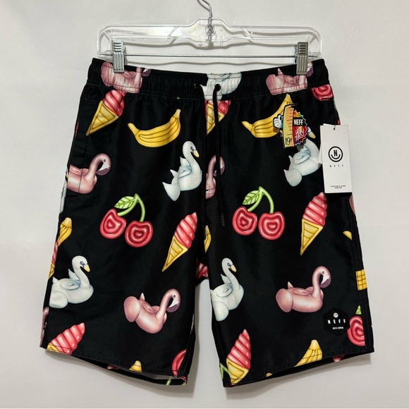 NEFF Hot Tub Board Shorts Swim Trunks Men’s Small Flamingo Fruit Black NWT - Picture 1 of 10